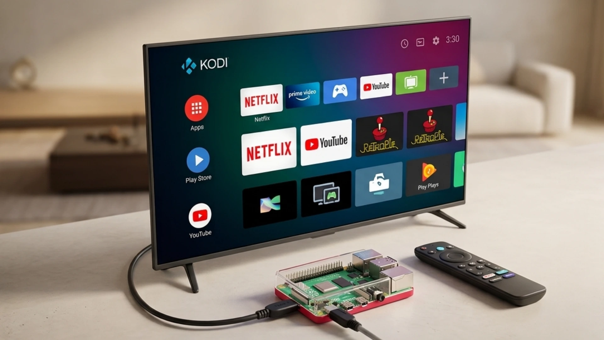 Televisore non smart diventa una smart tv grazie a un raspberry pi attaccato tramite cavo HDMI.